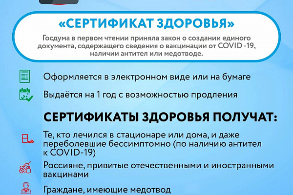Госдумой в первом чтении принят законопроект, который заменит QR-коды на сертификаты здоровья.